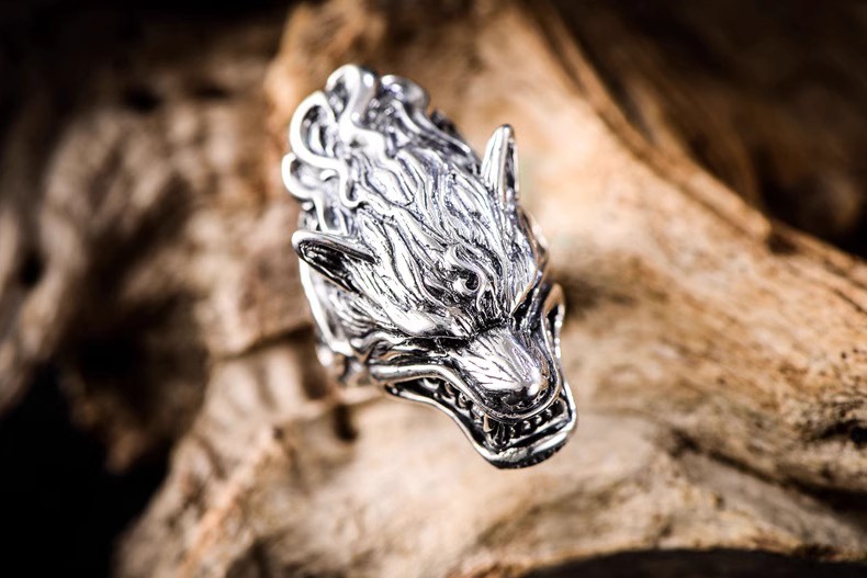 S925 sterling silver retro Thai silver domineering rugged wolf-head totem ring fashion men's index finger ring
