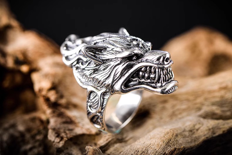 S925 sterling silver retro Thai silver domineering rugged wolf-head totem ring fashion men's index finger ring