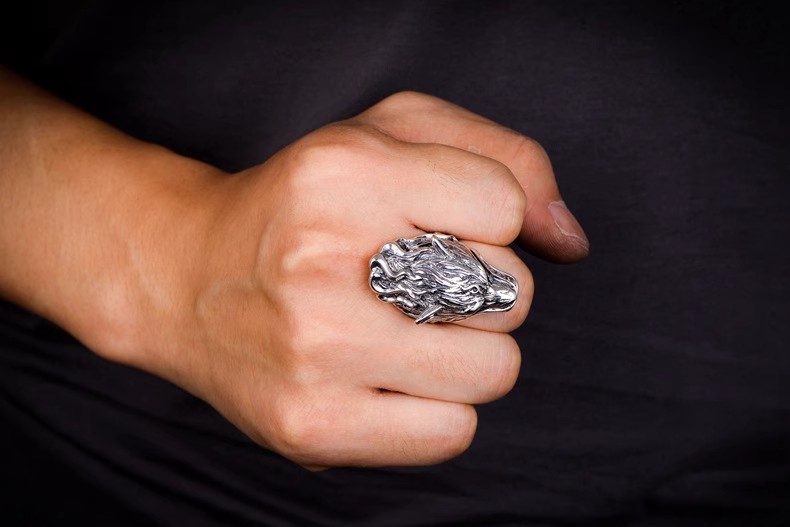 S925 sterling silver retro Thai silver domineering rugged wolf-head totem ring fashion men's index finger ring