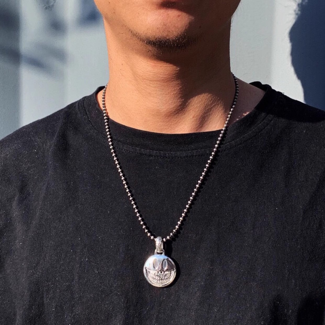 S925 Sterling Silver Customizable Grinning Face Pendant with Different Patterns on Both Sides, Trendy Unisex Couple Neck