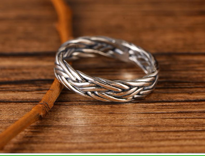 s925 sterling silver retro Thai silver fashion jewelry men's and women's couple rings braided double braid simple ring