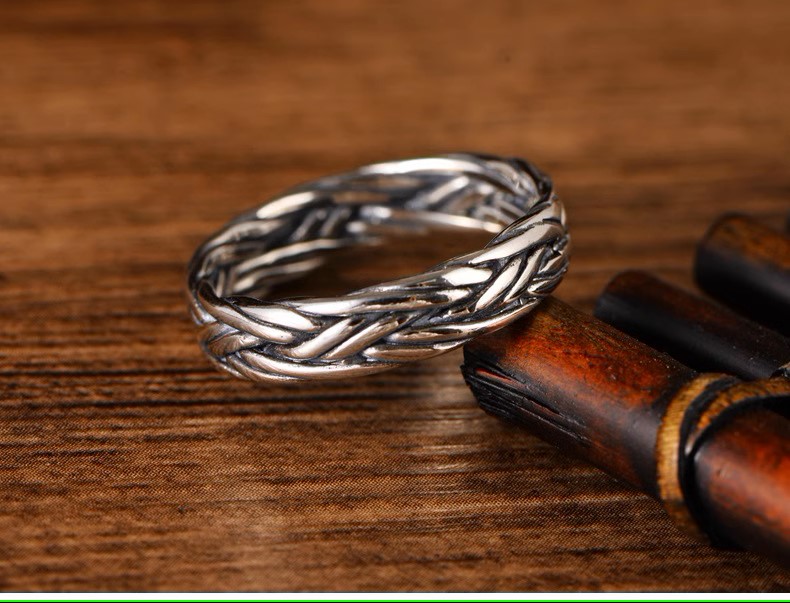 s925 sterling silver retro Thai silver fashion jewelry men's and women's couple rings braided double braid simple ring