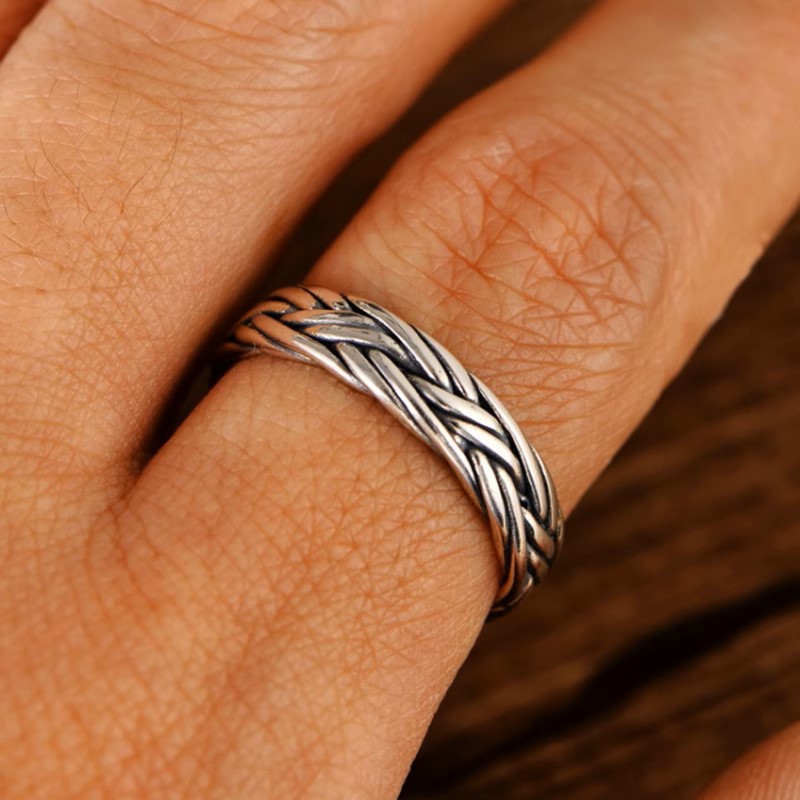 s925 sterling silver retro Thai silver fashion jewelry men's and women's couple rings braided double braid simple ring