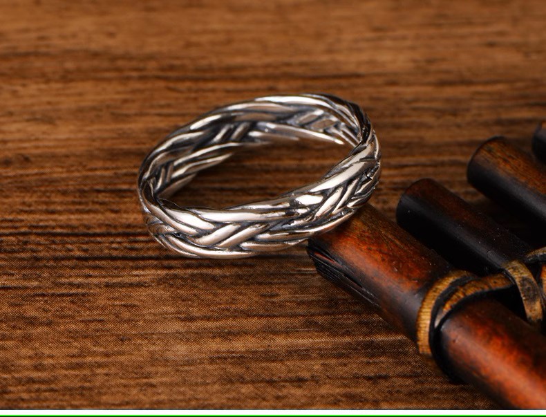 s925 sterling silver retro Thai silver fashion jewelry men's and women's couple rings braided double braid simple ring