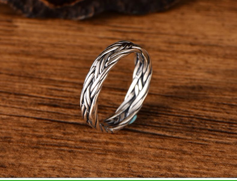 s925 sterling silver retro Thai silver fashion jewelry men's and women's couple rings braided double braid simple ring