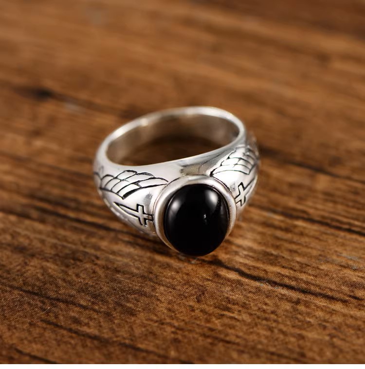 s925 sterling silver retro Thai silver fashion trend men's and women's angel wings cross black agate index finger ring