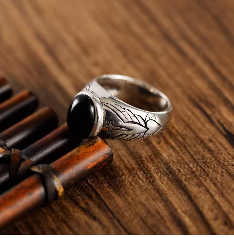 s925 sterling silver retro Thai silver fashion trend men's and women's angel wings cross black agate index finger ring