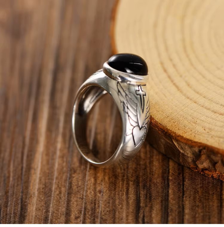 s925 sterling silver retro Thai silver fashion trend men's and women's angel wings cross black agate index finger ring