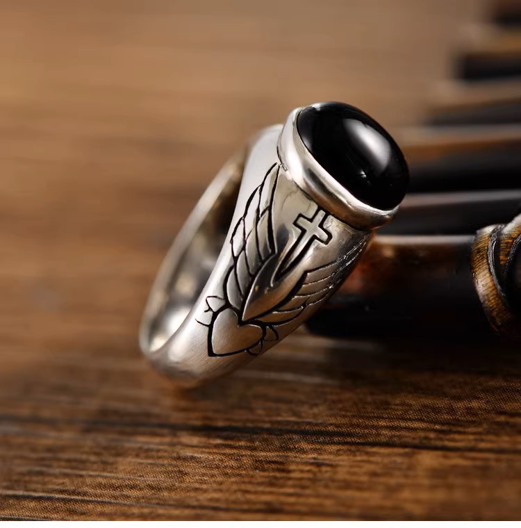 s925 sterling silver retro Thai silver fashion trend men's and women's angel wings cross black agate index finger ring