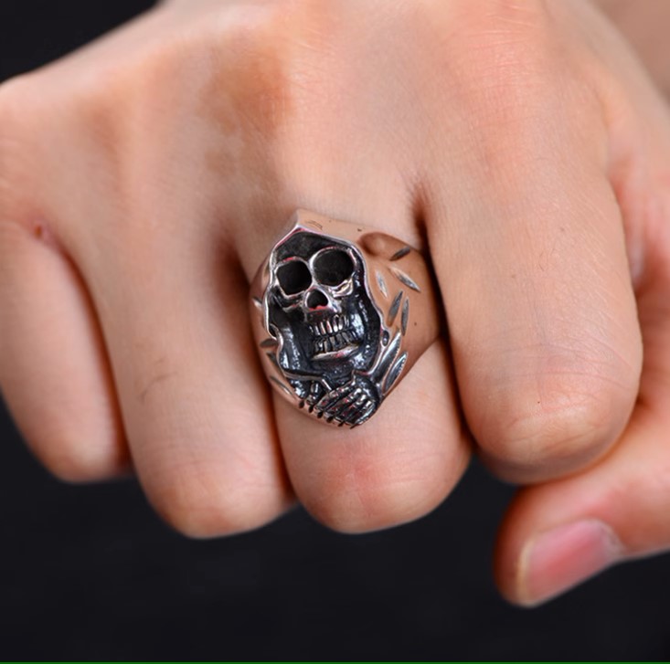 S925 sterling silver jewelry single ring men's punk style skull dark wind death sickle atmospheric index finger ring