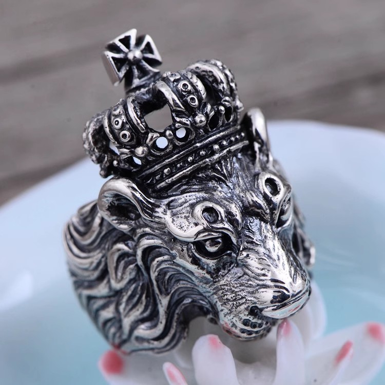 S925 sterling silver vintage Thai silver domineering Lion Head Crown Euro-n men's ring ring index ring gift