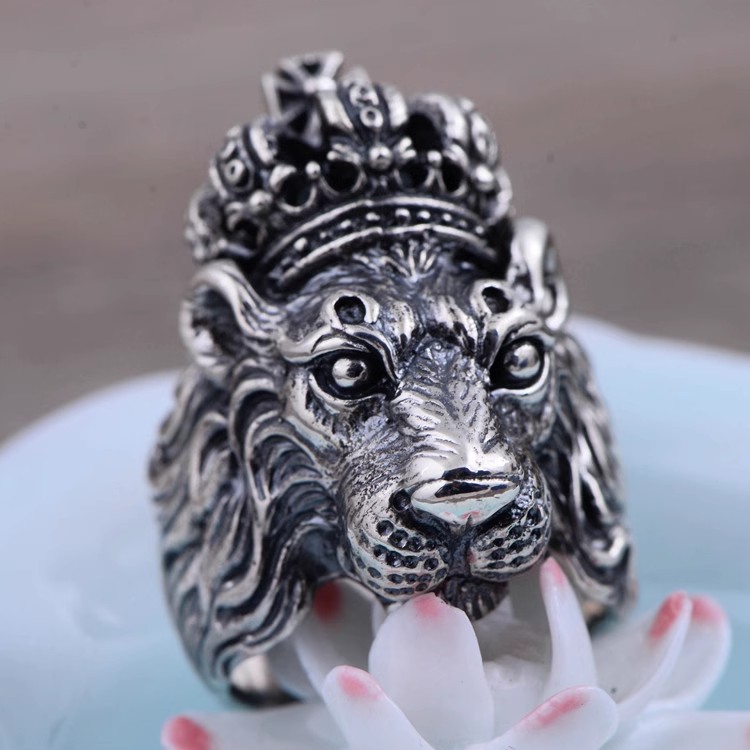 S925 sterling silver vintage Thai silver domineering Lion Head Crown Euro-n men's ring ring index ring gift