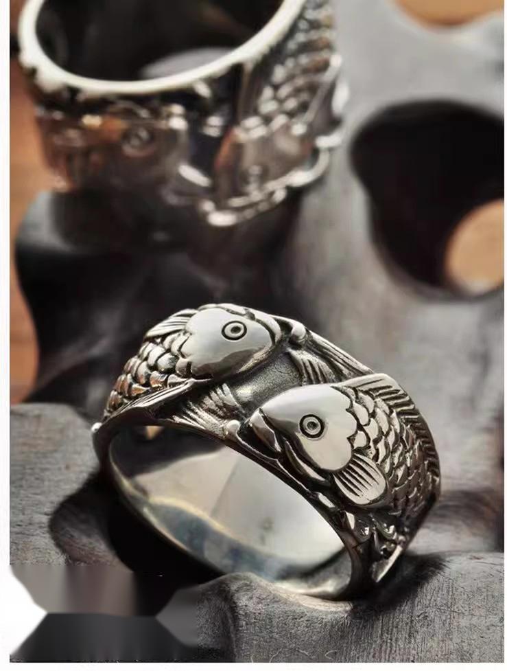 Thai silver men's index finger couples like fish in water finger pull Pisces constellation s925 sterling silver carp ring