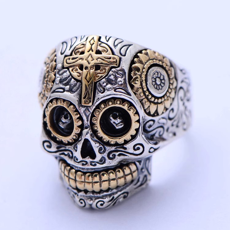 s925 sterling silver retro Thai silver men's domineering fashion cross skull ring men's index finger ring