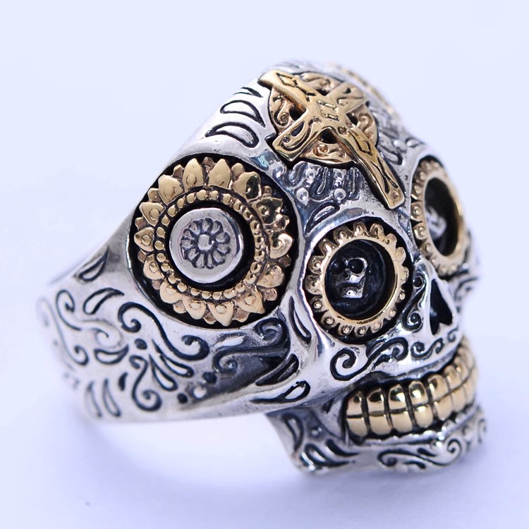s925 sterling silver retro Thai silver men's domineering fashion cross skull ring men's index finger ring