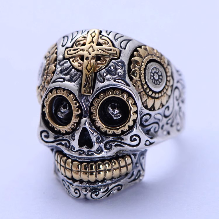 s925 sterling silver retro Thai silver men's domineering fashion cross skull ring men's index finger ring