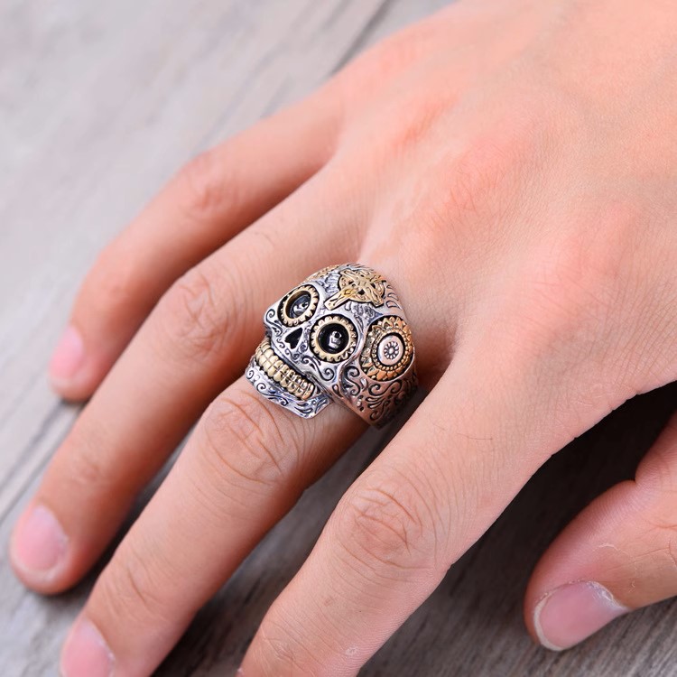 s925 sterling silver retro Thai silver men's domineering fashion cross skull ring men's index finger ring