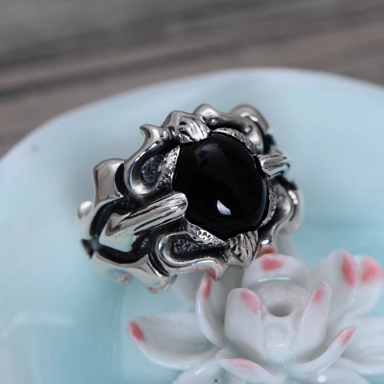 S925 sterling silver ring, vintage Thai silver, crusader flower black agate personality ring index finger
