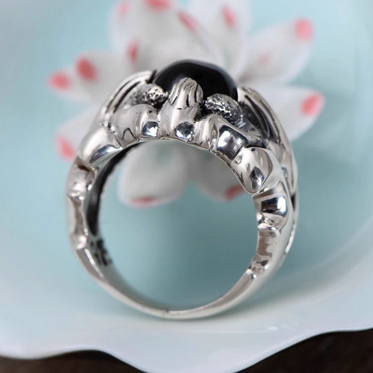S925 sterling silver ring, vintage Thai silver, crusader flower black agate personality ring index finger