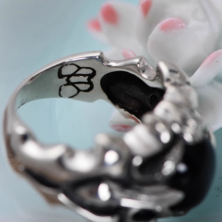 S925 sterling silver ring, vintage Thai silver, crusader flower black agate personality ring index finger