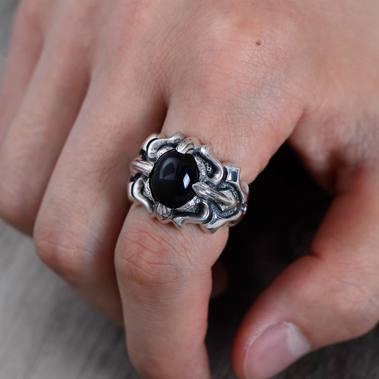 S925 sterling silver ring, vintage Thai silver, crusader flower black agate personality ring index finger