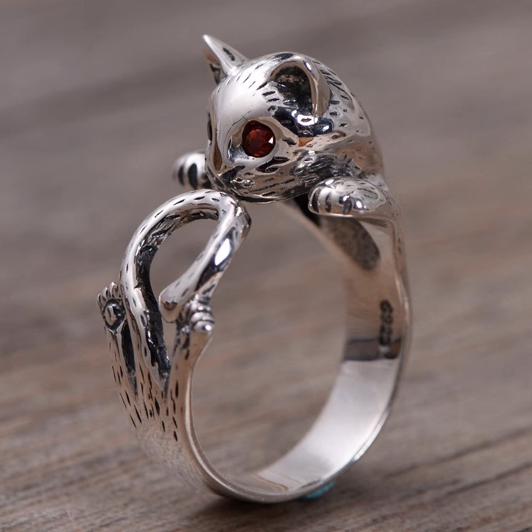 s925 sterling silver vintage Thai silver women's live kitten ring lifelike fashion bracelet inlaid with zircon