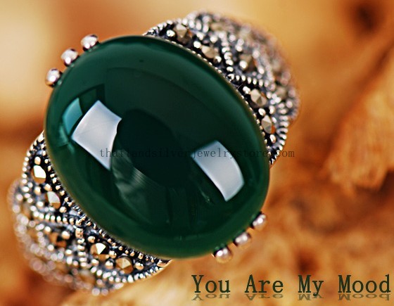 Thai Silver Ring Green Agate Thai Tribe Charming Ring