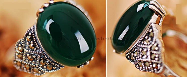 Thai Silver Ring Green Agate Thai Tribe Charming Ring