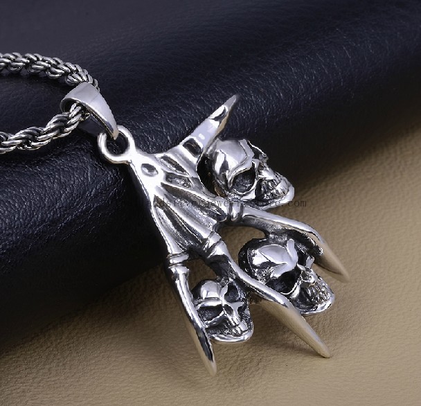 Handmade Thai 925 Silver Skull Pendant Man Punk Pendant